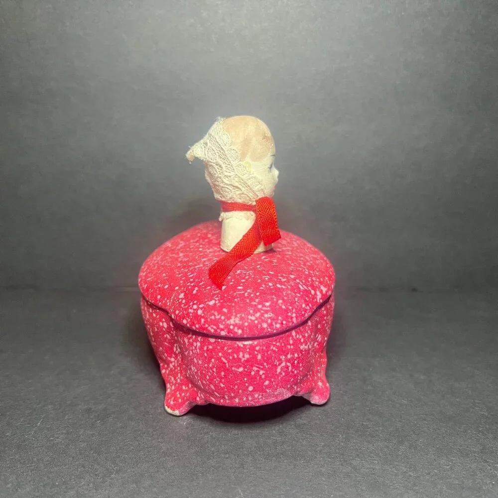 Vintage Unique OOAK Red Art Pottery Ceramic Doll Head Oval Trinket Jewelry Box